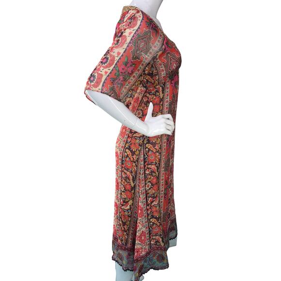 New Look Womens Size UK 12 US 8 Kaftan Midi Dress Half Sleeve Paisley Silk Red - Picture 9 of 15